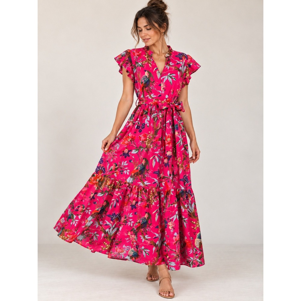 Zoe's Empire Pink Cotton Bird Floral A-line Maxi Dress S Cottage Romantic Whimsi